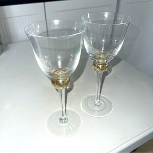 Set of 2 Vintage Krosno Crystal Wine Glasses with Amber Colored Ball Stem